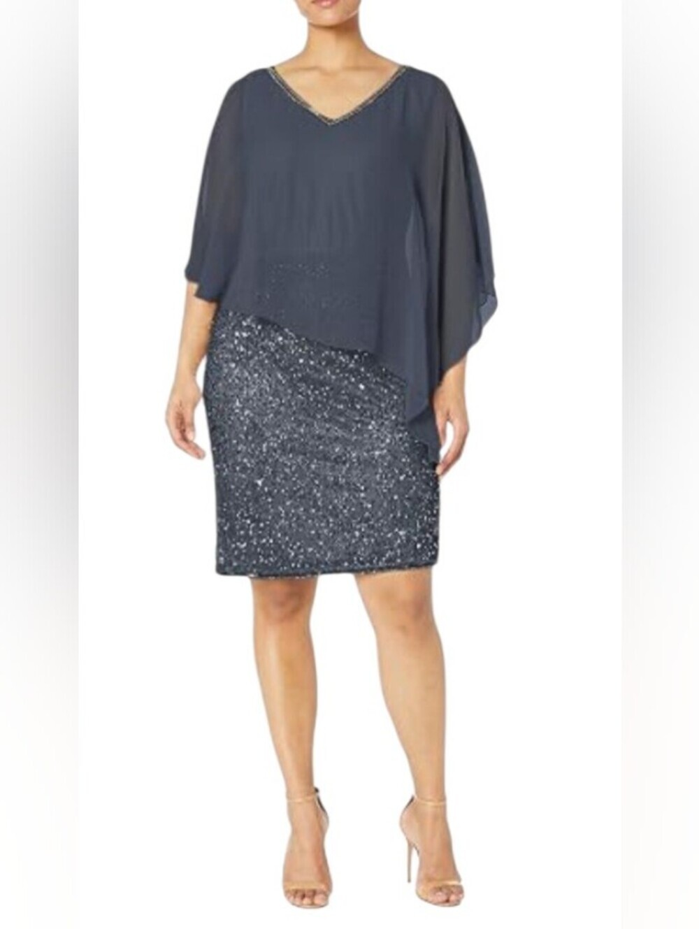 JKARA NWT Popover Split Shoulder Short Navy Sparkle Mini Dress Size 18